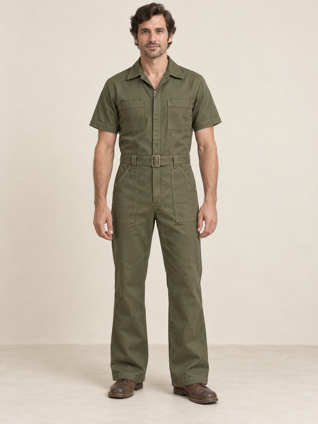 Man wearing an olive short-sleeve zip-front workwear jumpsuit with chest and thigh pockets