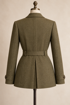 AI back preview of the khaki coat showing the waist belt and center-back movement pleat
