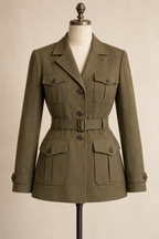 AI front preview of a khaki 1917-inspired belted coat with four flap pockets and notched collar