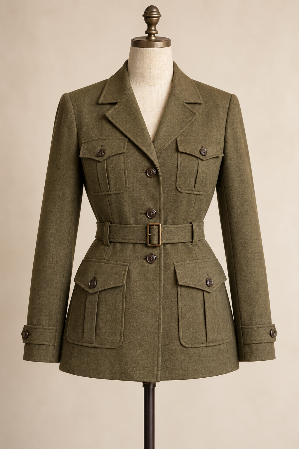 AI front preview of a khaki 1917-inspired belted coat with four flap pockets and notched collar