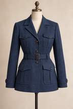 AI front preview of the same four-pocket belted coat in slate navy wool