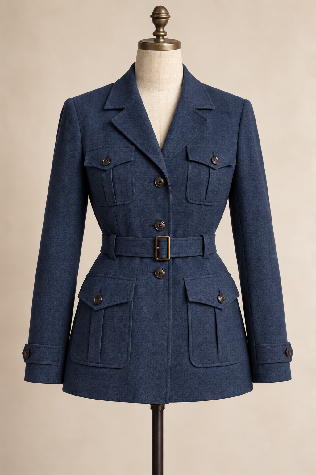 AI front preview of the same four-pocket belted coat in slate navy wool