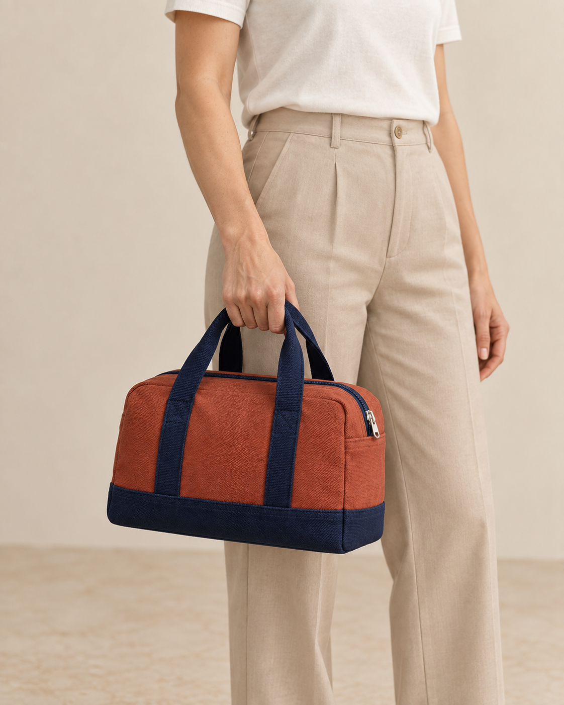 Design preview: adult woman holding both navy handles of the same compact rust duffel beside her hip