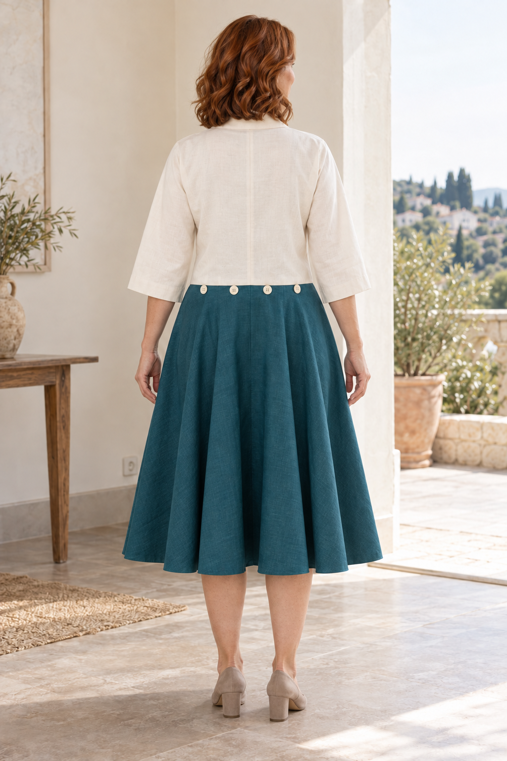 Rear design preview of the same modular playsuit outfit, showing the plain ivory blouse back, grown-on sleeves and four proposed rear hip attachments.