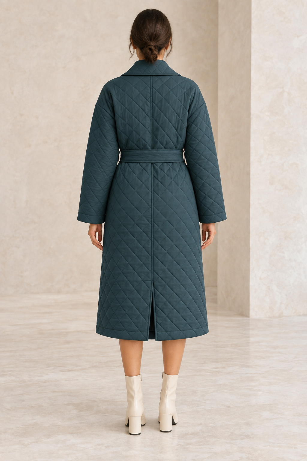 AI design preview: back of the teal quilted wrap coat showing a smooth waist belt, center seam and short walking vent.