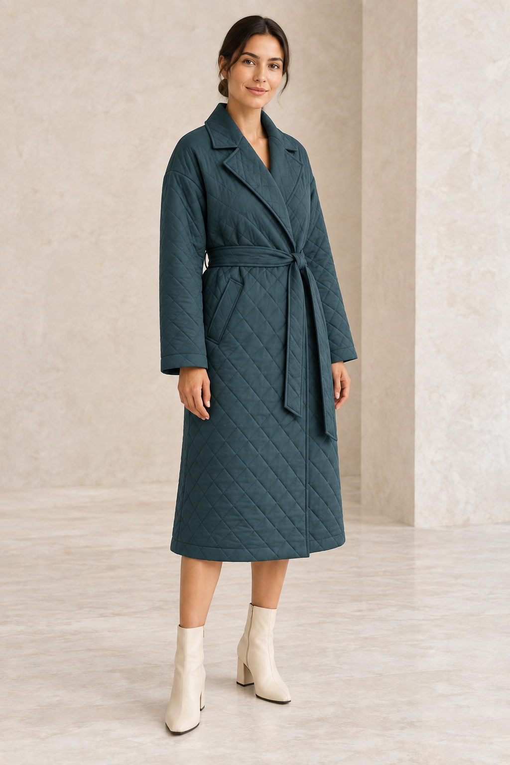 AI design preview: three-quarter view of the teal notched-collar quilted coat, showing diamond stitching and the belted overlap.
