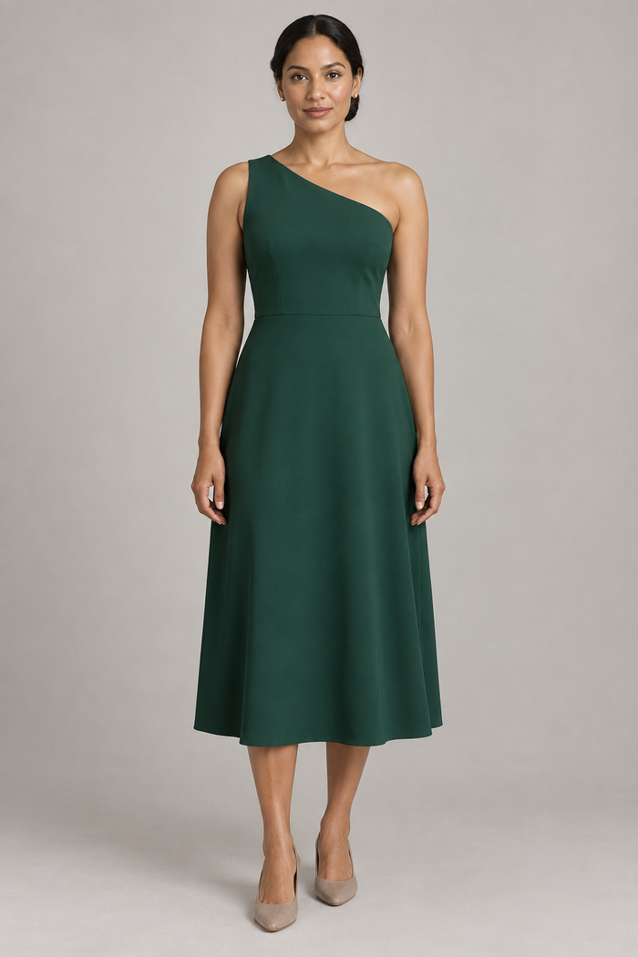 Front design preview of an emerald one-shoulder midi dress with a fitted bodice and smooth A-line skirt.