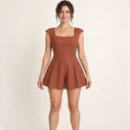 AI design preview: terracotta color of the same flared short romper with squared front neckline and continuous vertical shaping