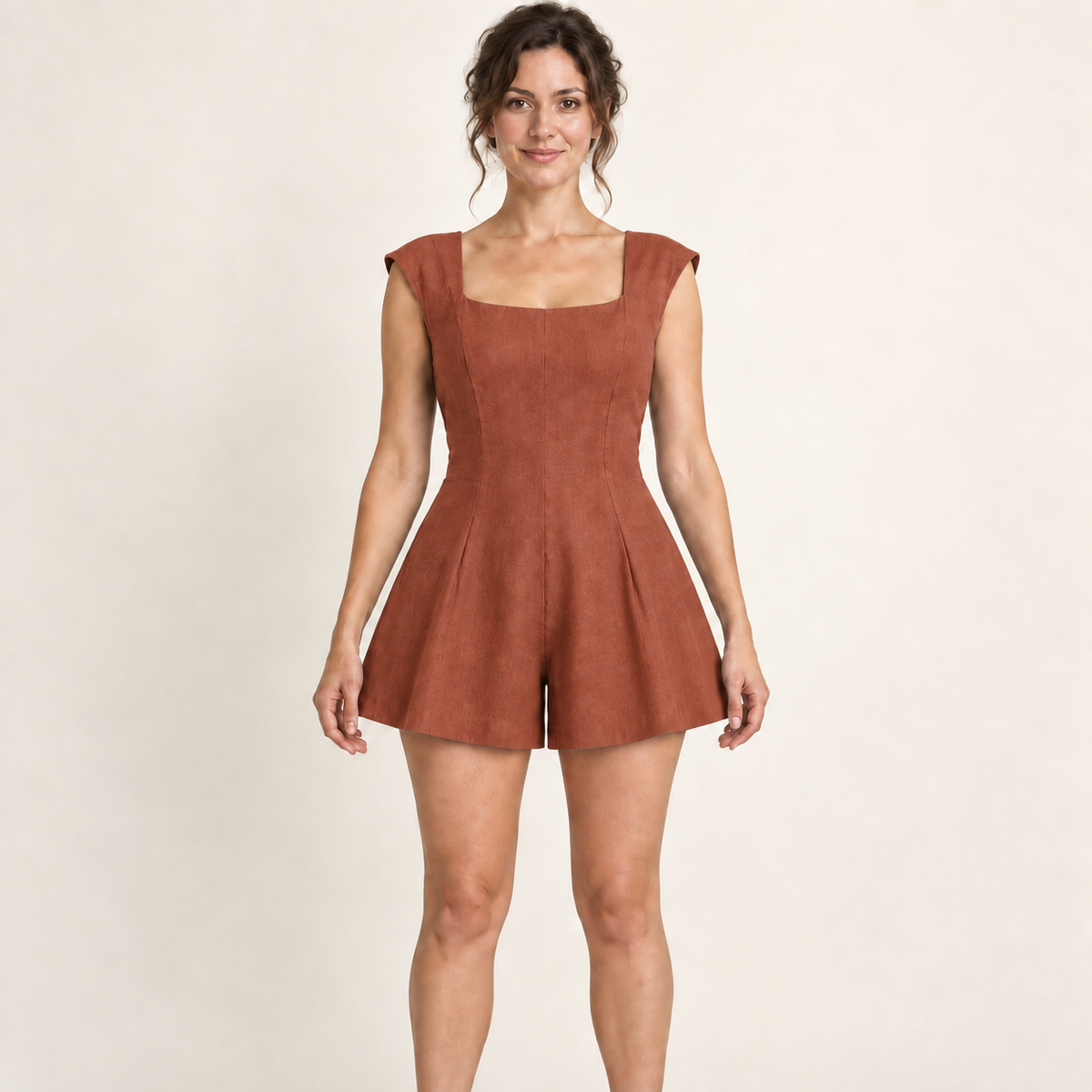 AI design preview: terracotta color of the same flared short romper with squared front neckline and continuous vertical shaping