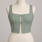 AI design preview: seafoam square-neck panel crop top with two covered buttons and an open front