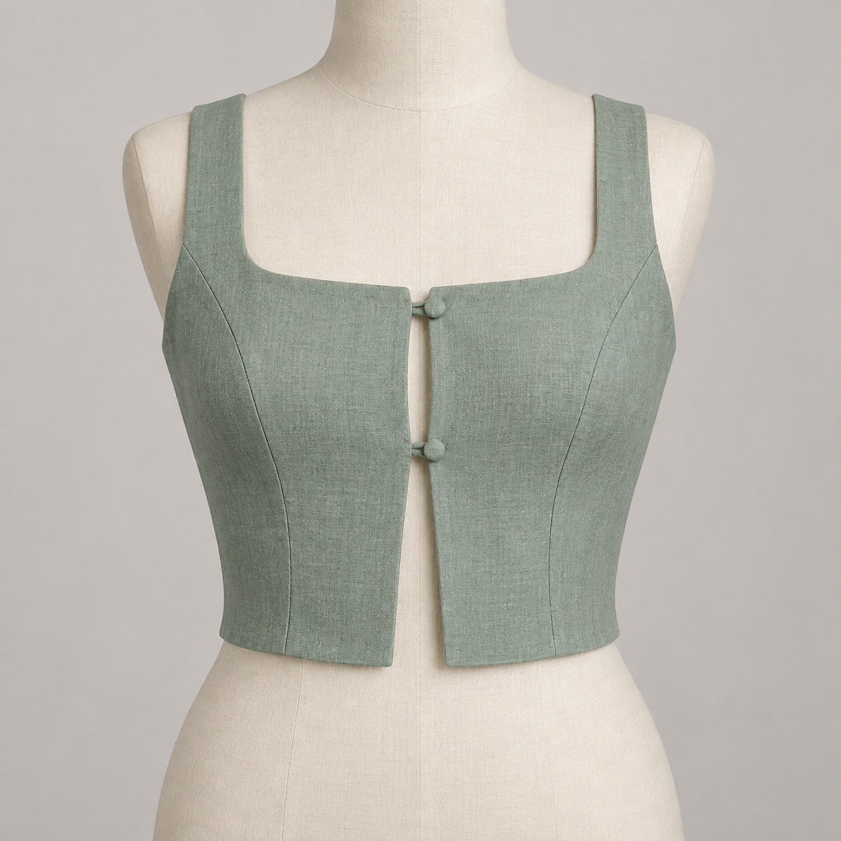 AI design preview: seafoam square-neck panel crop top with two covered buttons and an open front