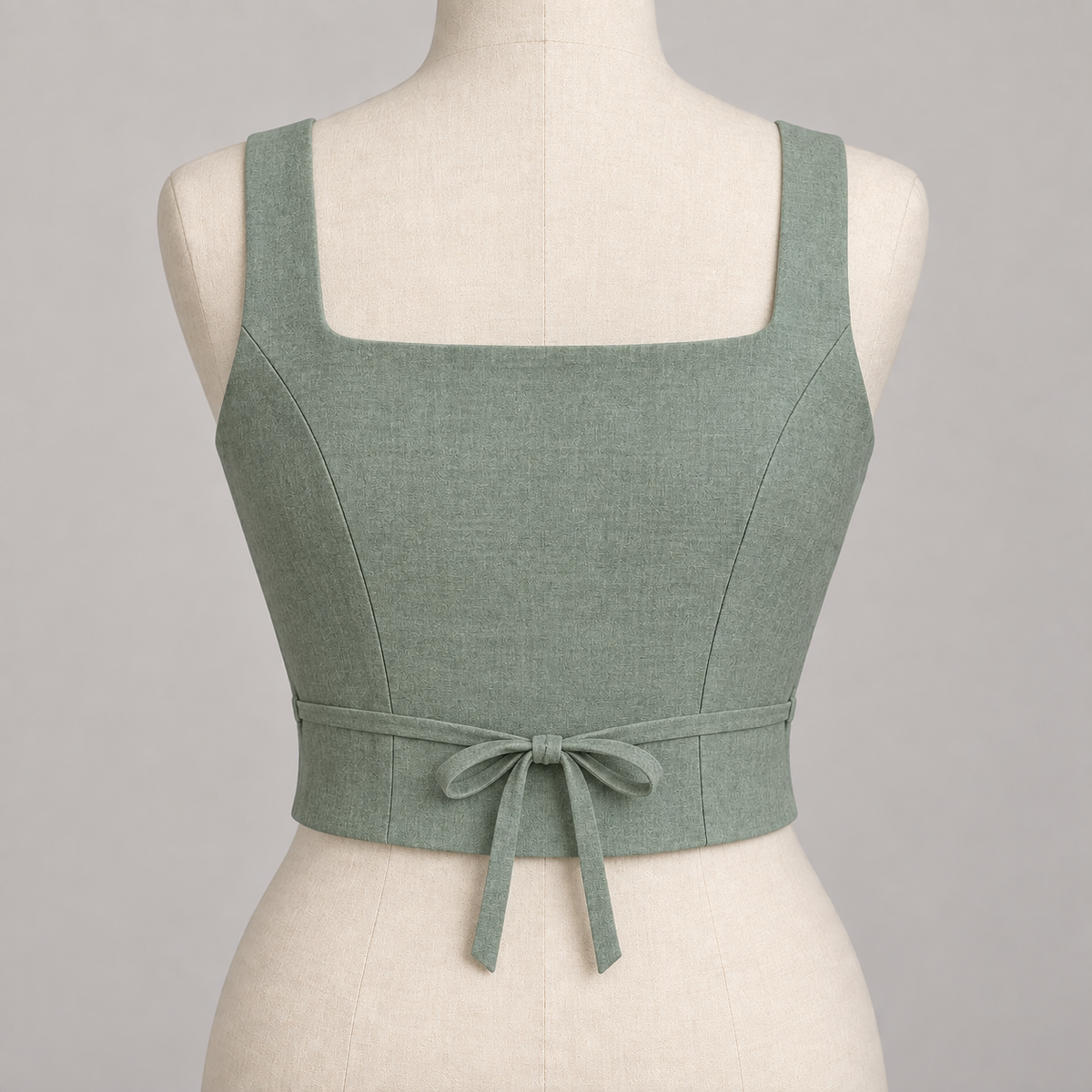 AI design preview: seafoam fitted crop top rear with closed square back and narrow waist ties