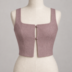 AI design preview: same open-front panel crop top in dusty mauve with two loop-and-button fastenings