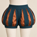 AI design preview: front of adult paned costume shorts with teal outer panes over closed copper puffed legs and smooth waistband