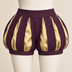 AI design preview: plum and pale-gold front palette of the same paned costume shorts with separate outer fabric strips