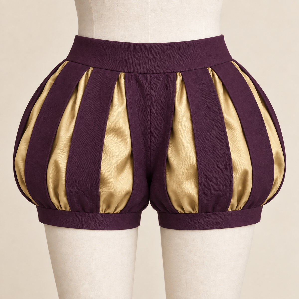 AI design preview: plum and pale-gold front palette of the same paned costume shorts with separate outer fabric strips
