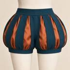 AI design preview: rear of teal and copper paned costume shorts showing center-back waistband seam and closed puffed legs