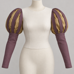AI design preview: front of mulberry panned Juliet sleeves with open outer panes over gold puff underlayers and long fitted forearms; ivory bodice excluded