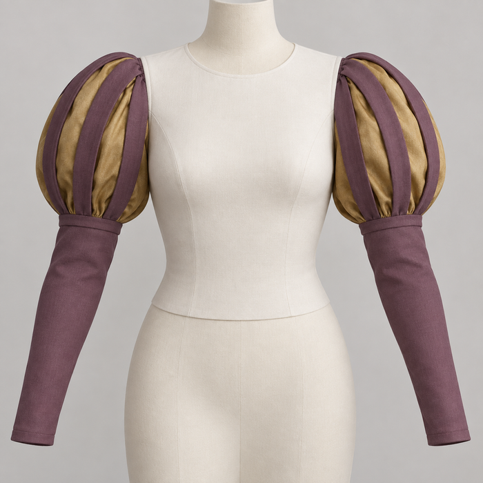 AI design preview: front of mulberry panned Juliet sleeves with open outer panes over gold puff underlayers and long fitted forearms; ivory bodice excluded
