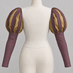 AI design preview: rear of the same mulberry and gold panned Juliet sleeve pair showing layered upper puffs and plain long wrists; ivory bodice excluded