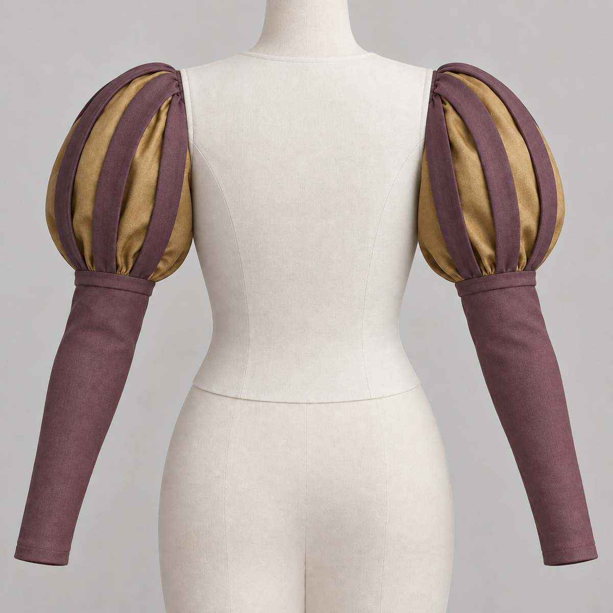 AI design preview: rear of the same mulberry and gold panned Juliet sleeve pair showing layered upper puffs and plain long wrists; ivory bodice excluded