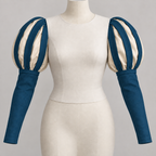 AI design preview: peacock-blue and pale-ivory colorway of the same panned Juliet sleeves with separate outer panes; styling bodice excluded
