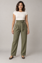 AI design preview: woman wearing olive paperbag-waist pants with front pleats, sash, fly and slanted pockets