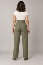 AI design preview: rear of the same olive paperbag-waist pants with sash, waist shaping and plain pocket-free back