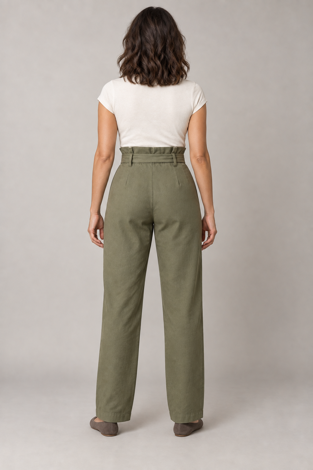 AI design preview: rear of the same olive paperbag-waist pants with sash, waist shaping and plain pocket-free back