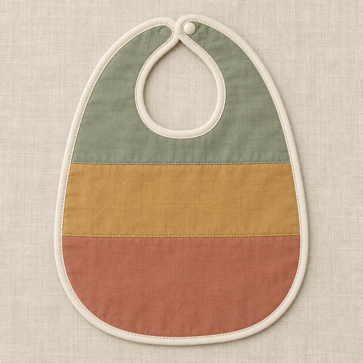 AI design preview: flat baby bib with sage, ochre and terracotta horizontal panels, ivory binding and one snap, front view