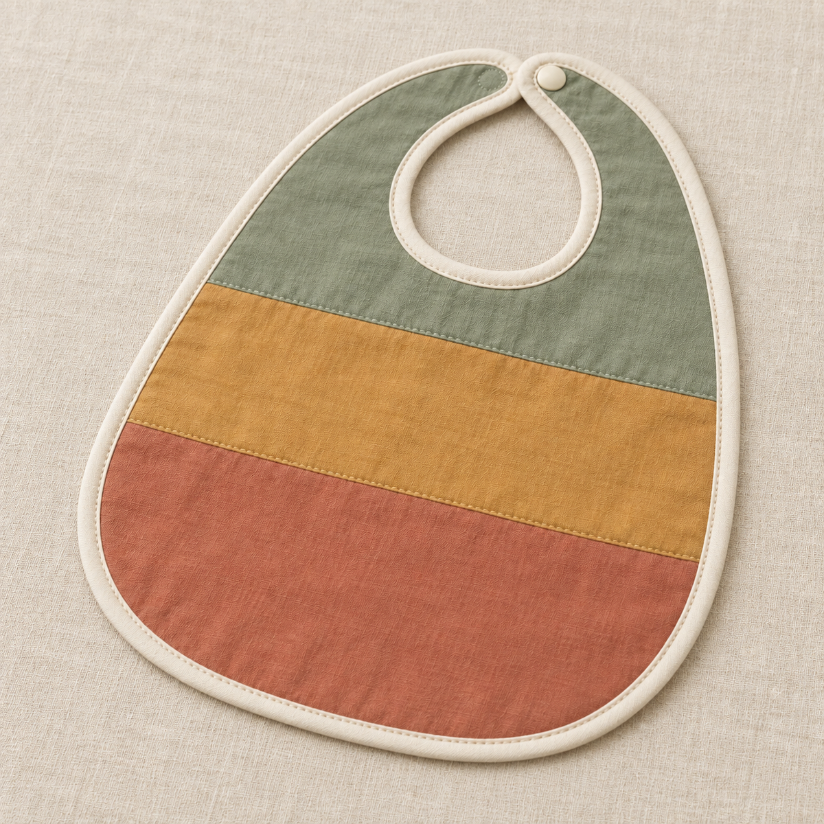 AI design preview: angled front of the same three-panel baby bib showing the flat layered edge and neck tabs