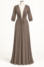 AI design preview: warm taupe color of the same lined mesh dress with low-front gathers, deep V neckline and three-quarter sleeves