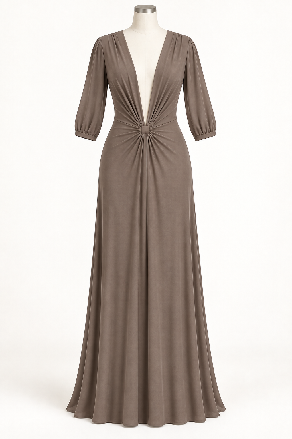 AI design preview: warm taupe color of the same lined mesh dress with low-front gathers, deep V neckline and three-quarter sleeves