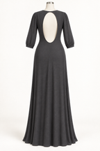 AI design preview: charcoal mesh dress back with closed neckline bridge above one oval cutout, opaque fabric and long closed hem