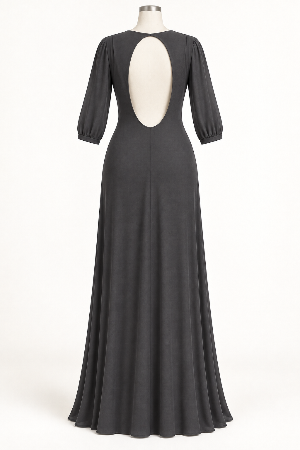 AI design preview: charcoal mesh dress back with closed neckline bridge above one oval cutout, opaque fabric and long closed hem
