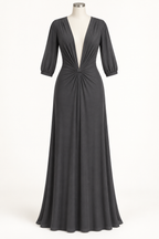 AI design preview: charcoal lined mesh maxi dress with deep V front, low central gathered fabric bridge and loose three-quarter sleeves