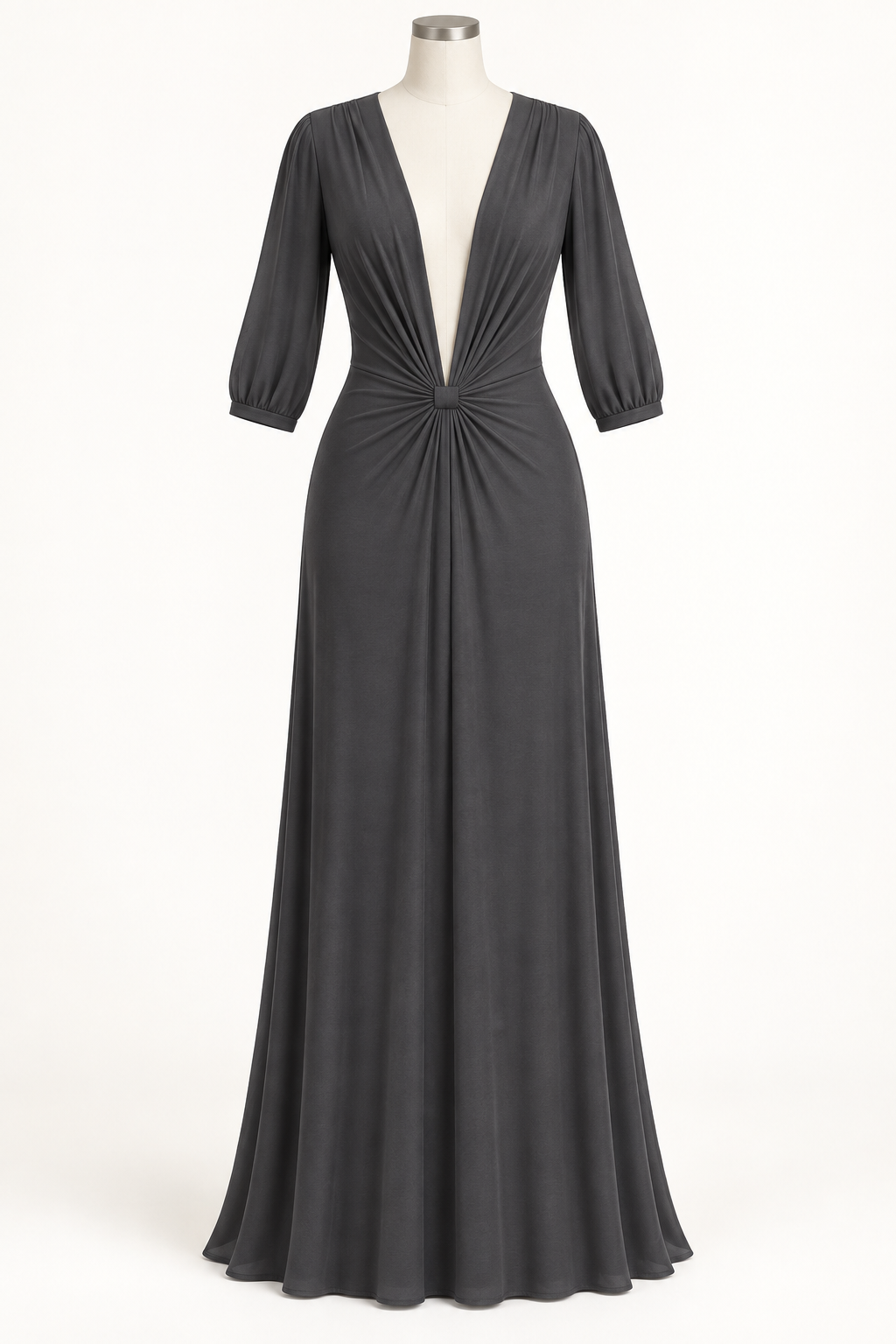 AI design preview: charcoal lined mesh maxi dress with deep V front, low central gathered fabric bridge and loose three-quarter sleeves