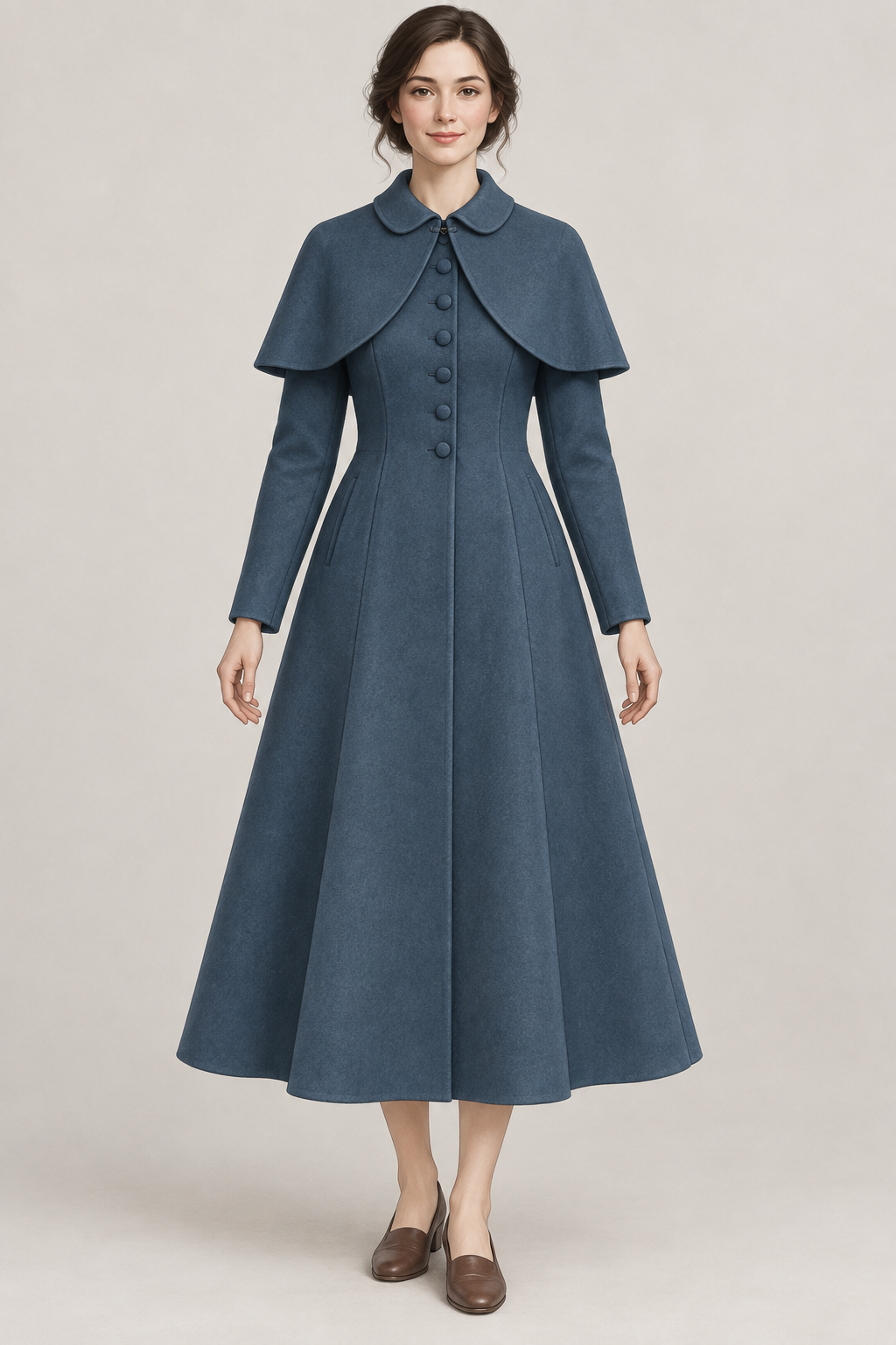 AI design preview: petrol blue princess coat with rounded collar, six front buttons and a separate short shoulder cape