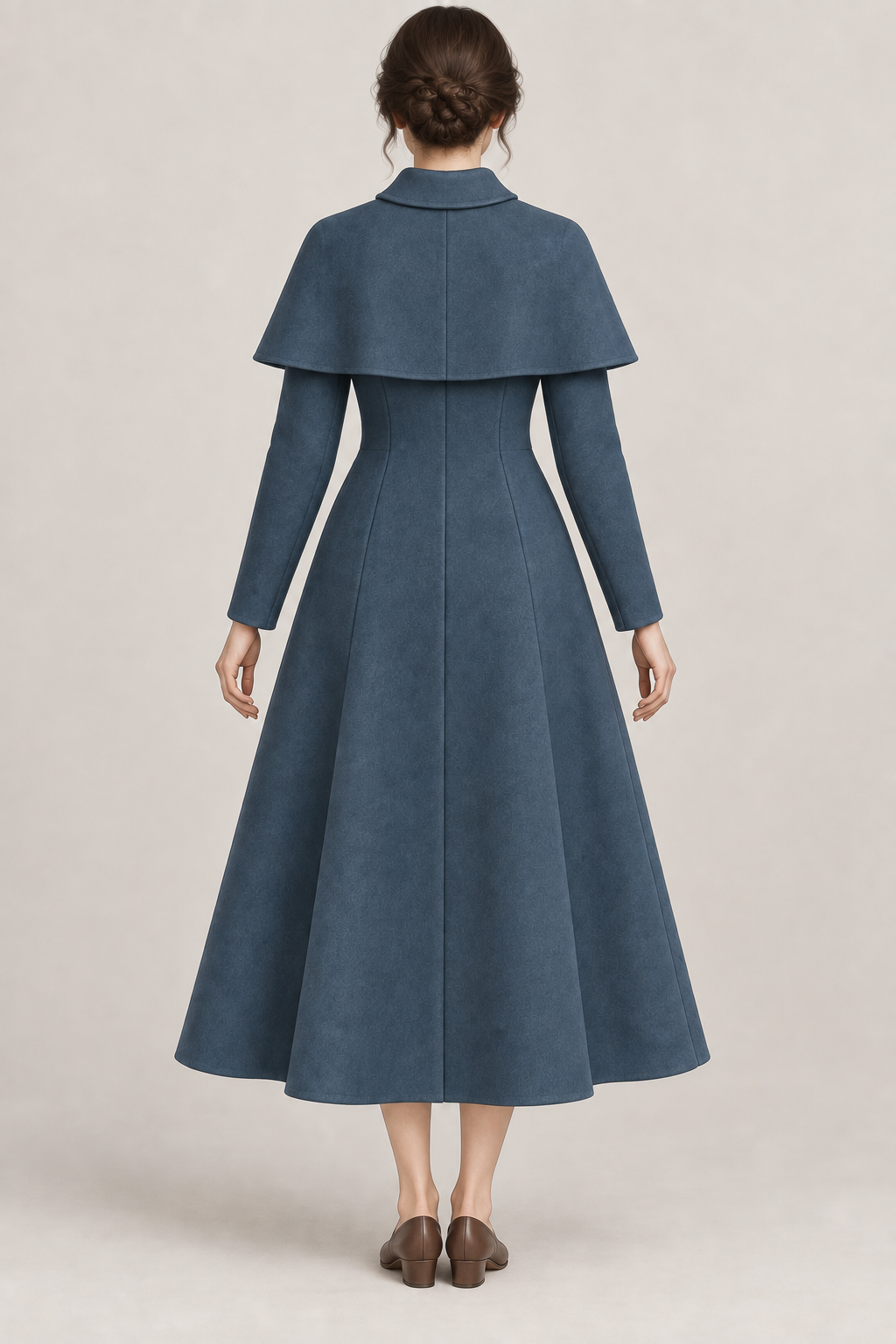 AI design preview: back of petrol princess coat with curved shoulder cape, shaped vertical panels and closed flared hem
