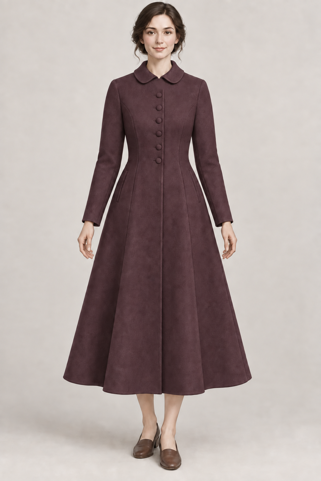 AI design preview: mulberry princess coat with cape removed, showing Peter Pan collar and six-button front
