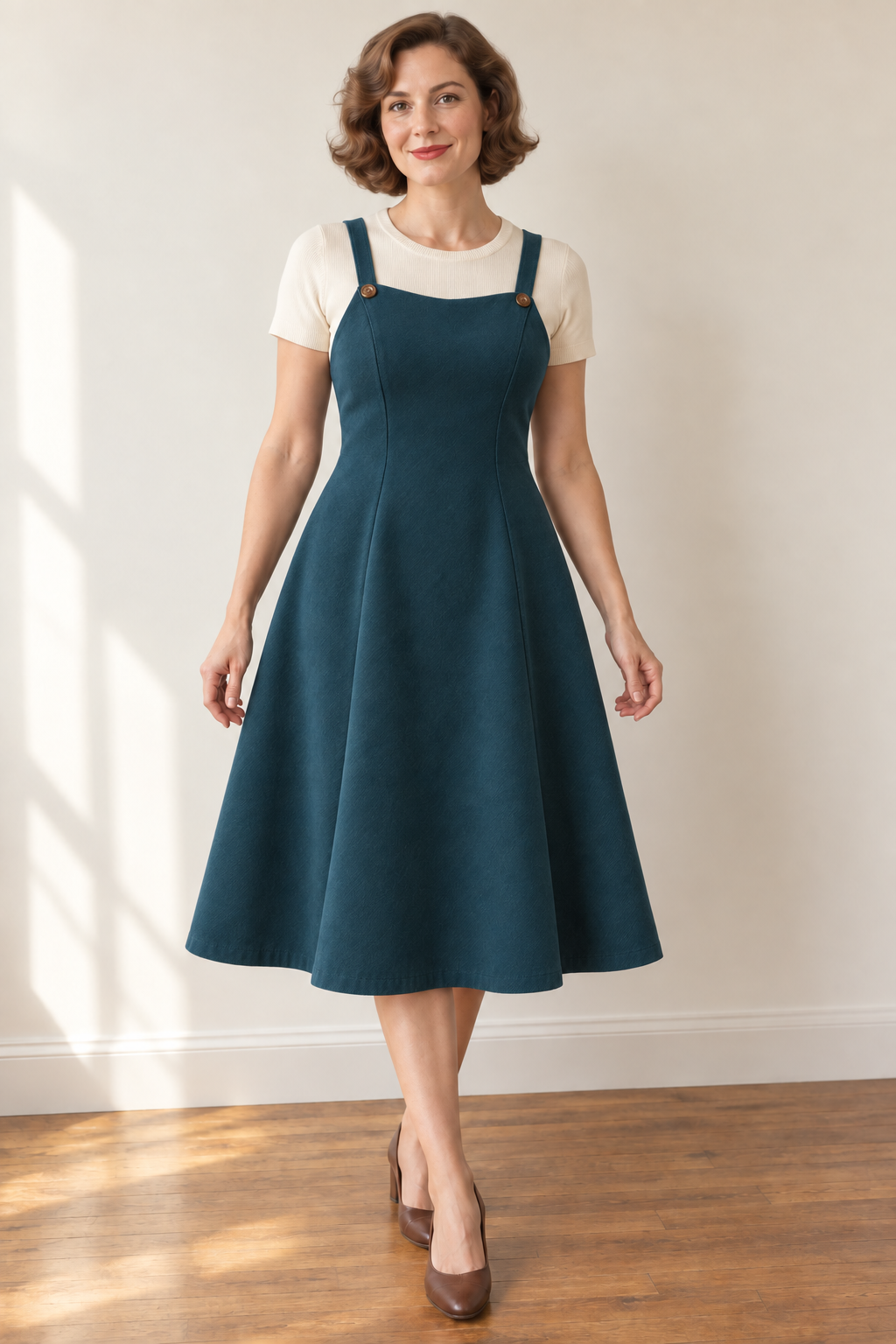 Petrol princess-seam jumper with two front buttoned straps over an ivory knit top