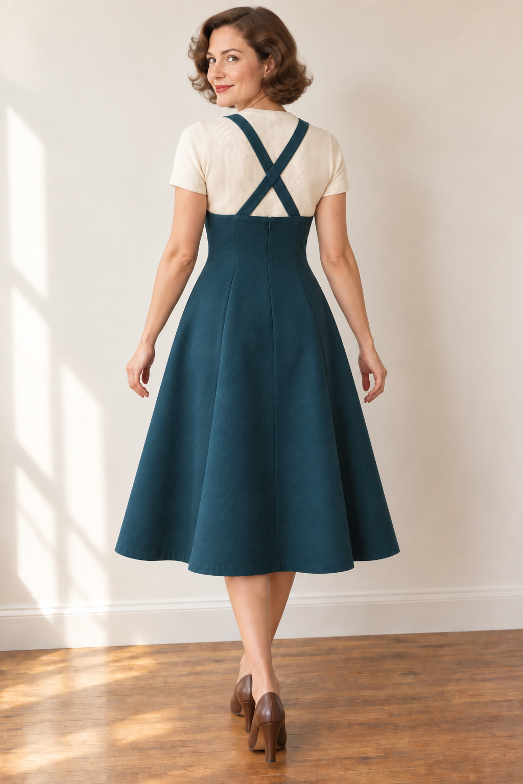Crossed shoulder straps and concealed center-back zipper of the petrol jumper