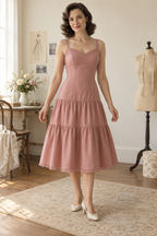Adult woman wearing a dusty-rose full-slip design with long princess bodice and two gathered skirt tiers