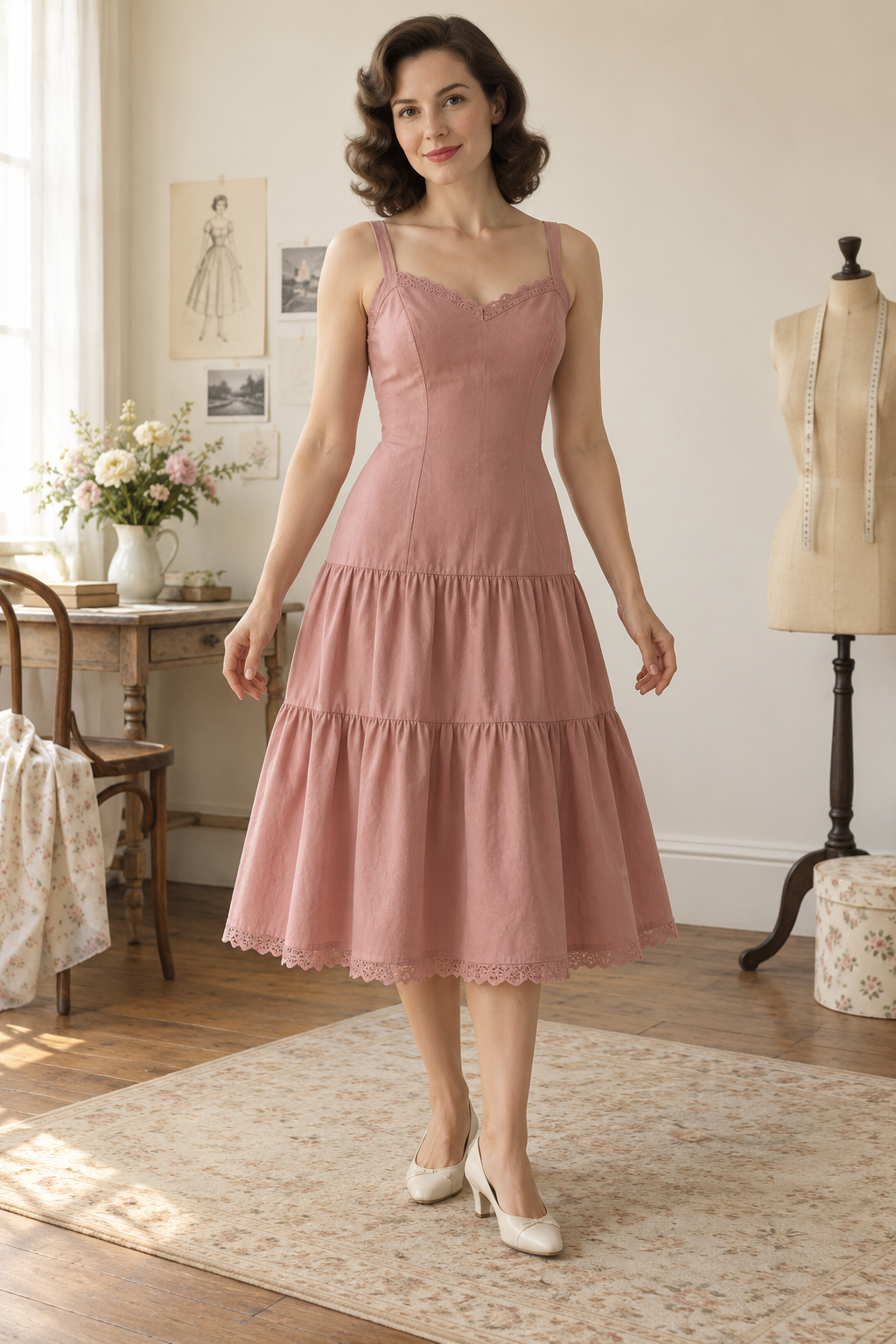 Adult woman wearing a dusty-rose full-slip design with long princess bodice and two gathered skirt tiers