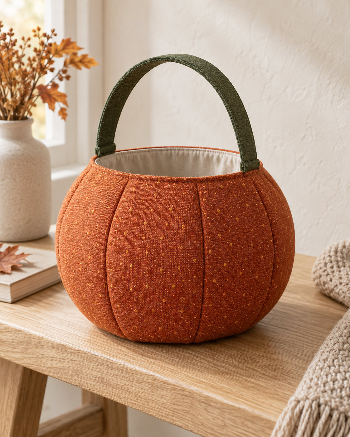 AI design preview: orange pumpkin-shaped treat bag on a bench, showing curved gore seams, oatmeal lining and one short green handle.