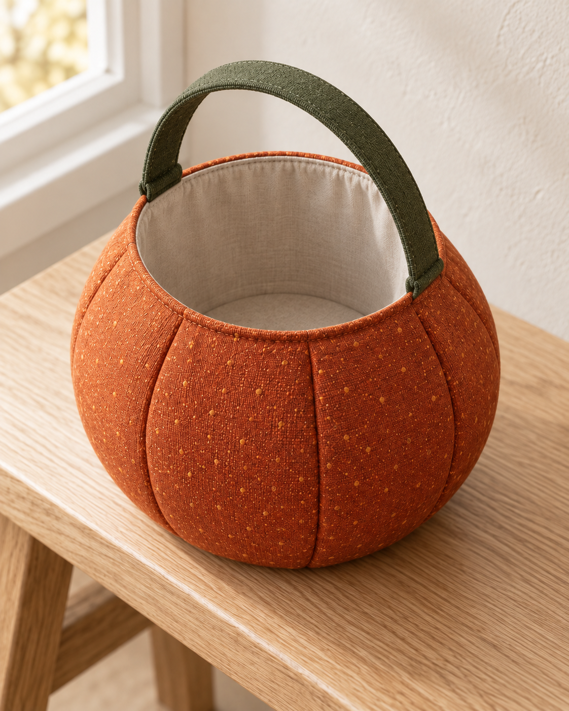 AI design preview: high-angle view into the empty oatmeal lining of the orange pumpkin treat bag, with its round opening and single handle.