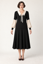 AI design concept: black and ivory interpretation of the same rever-collar dress, front.