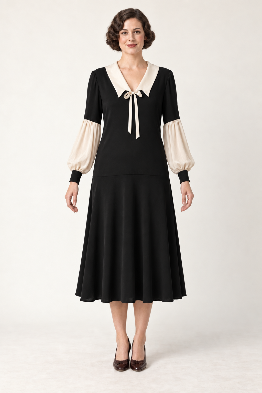 AI design concept: black and ivory interpretation of the same rever-collar dress, front.