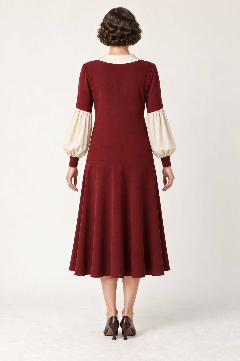 AI design concept: ruby day dress showing low-hip join and smooth flared skirt, back.