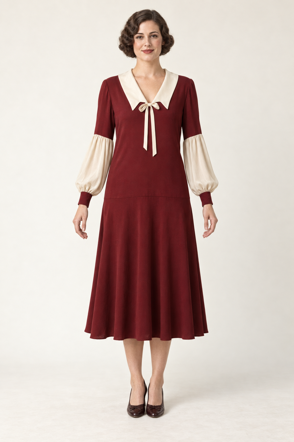 AI design concept: ruby rever-collar dress with ivory gathered lower sleeves, front.